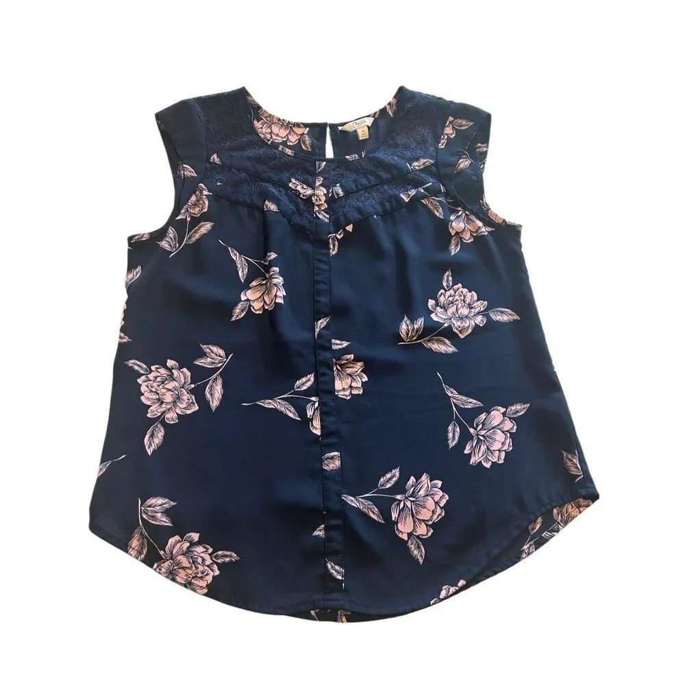 Candie's Navy BlueβFloral Sleeveless Blouse Lace Trim Juniors Fit Size M Workwea